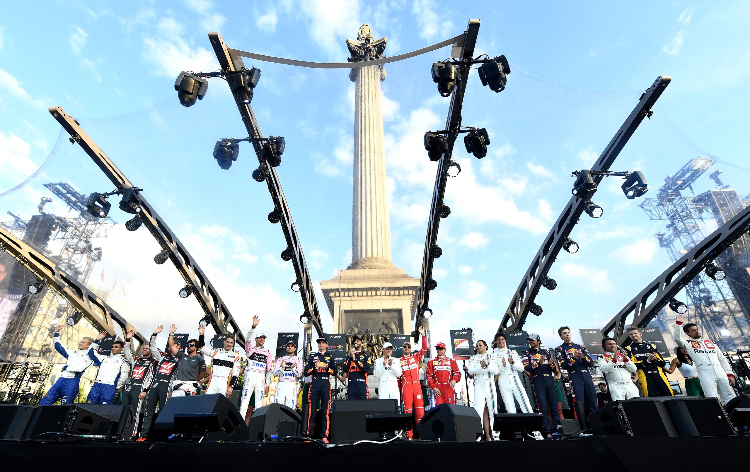 LONDON, ENGLAND - JULY 12:  Drivers pose on stage at the F1 Live in London event at Trafalgar Square on July 12, 2017 in London, England.  F1 Live London, the first time in Formula 1 history that all 10 teams come together outside of a race weekend to put on a show for the public in the heart of London.  (Photo by Ian Gavan/Getty Images for Formula 1)